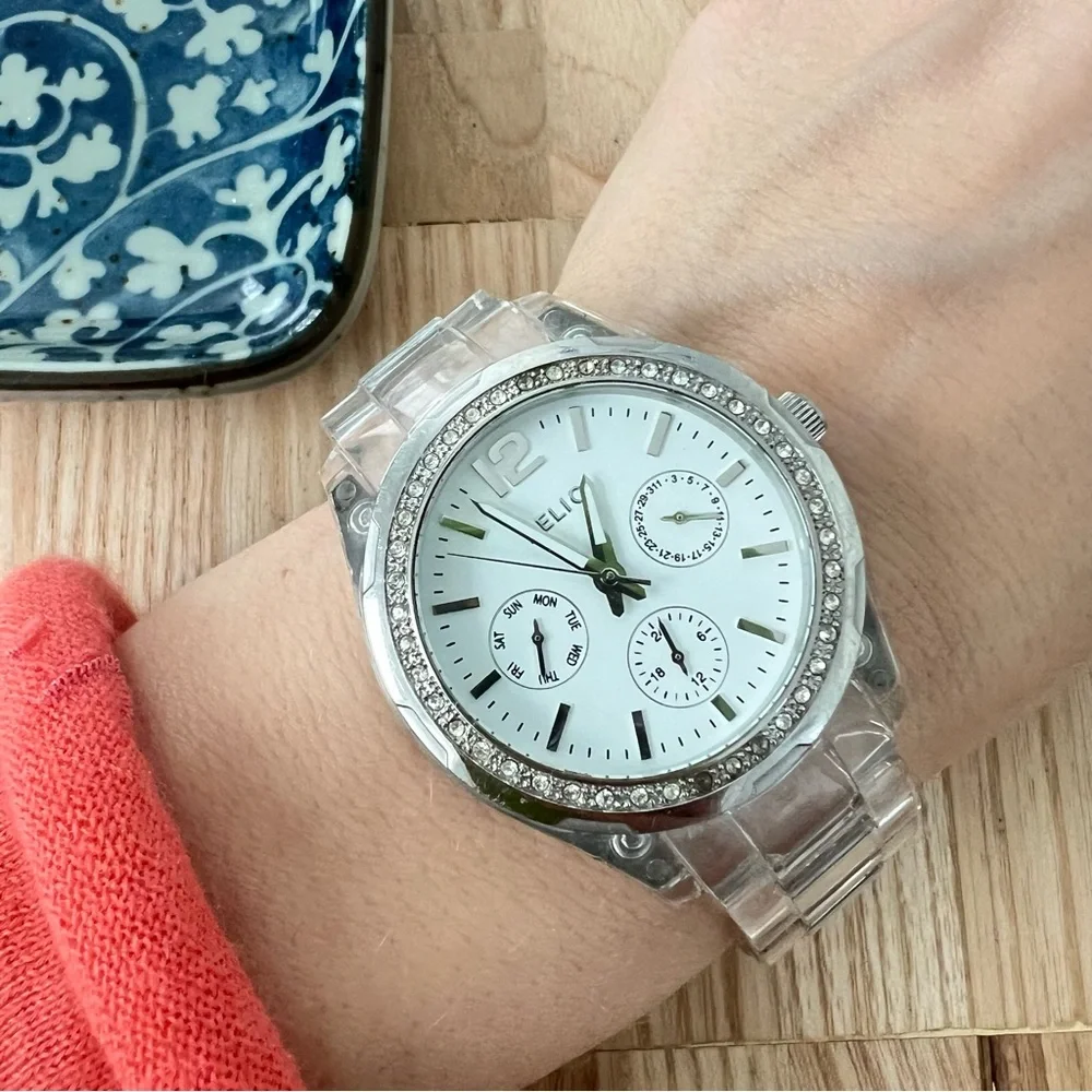 Relic ladies silver tone clear links fashion watch NEW BATTERY